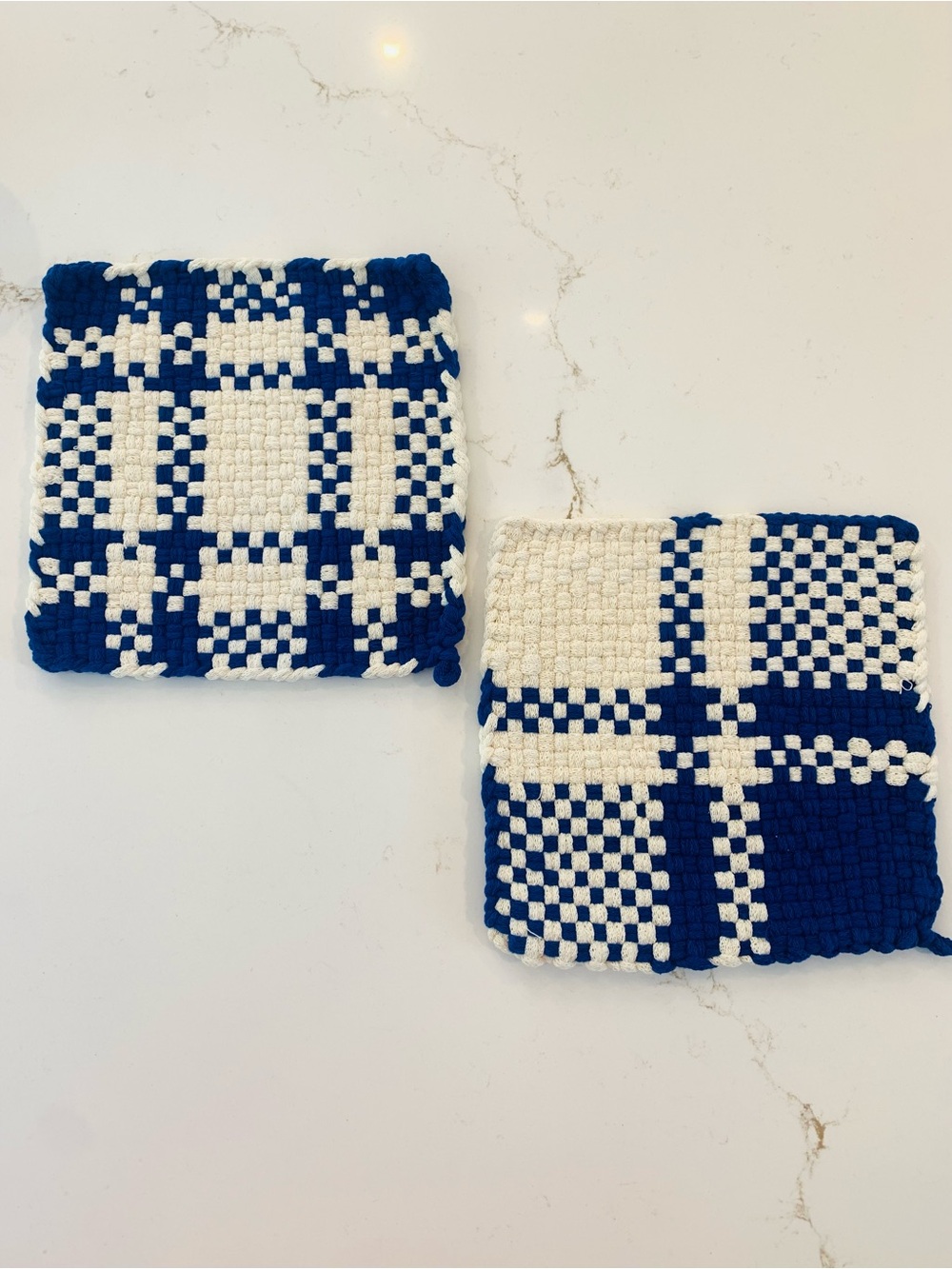 Vintage Handwoven Loom Potholders Set Of (2) 1970’s Blue / White